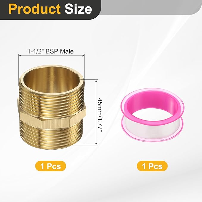 PATIKIL Brass Pipe Fitting, 1-1/2" BSP Male x 1-1/2" BSP Male Thread Connector Brass Hex Nipple Pipe Fitting Adapter for Gas Water Refrigeration System Conversion
