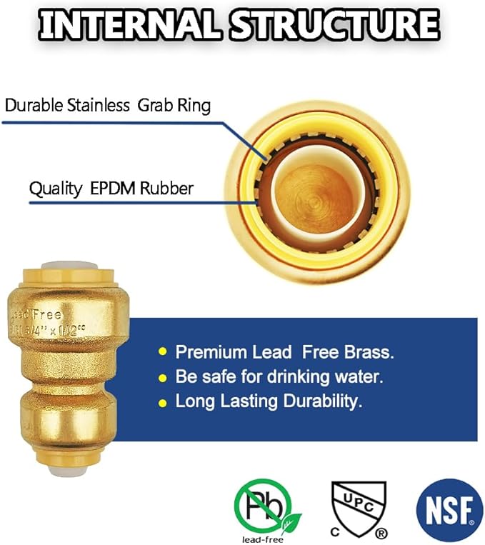 HQMPC Push Fit PEX Fittings Straight Coupling 1/2"x3/4", Push-to-Connect Copper, CPVC, No lead Brass Plumbing Fittings (2PCS 1/2"x3/4")