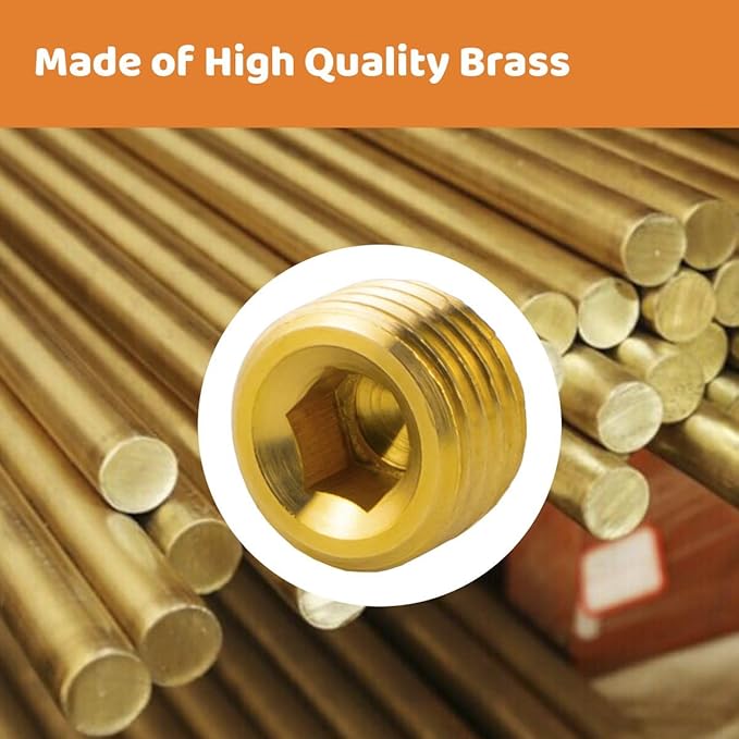 (6-Piece) Besosay 1/8" NPT Brass Pipe Plug Fitting, Counter Sunk Thread Internal Hex Head Style Male for Closing the End of Pipe