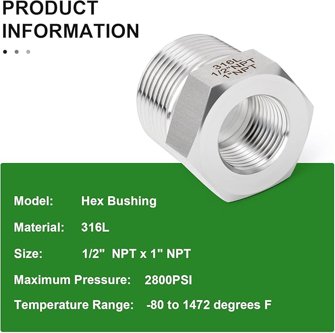 TAISHER 5PCS Forging of 316L Stainless Steel Reducer Hex Bushing, 1" Male NPT to 1/2" Female NPT, Reducing Forging Pipe Adapter Fitting