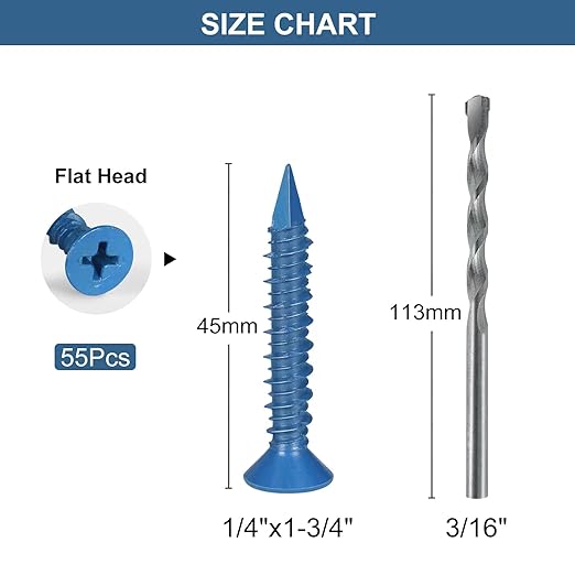 1/4 x 1-3/4 Inch 55PCS Flat Head Concrete Screws, Screws Anchor with Drill Bit,for Masonry, Block, Brick, Cement,Stucco, No Pre Drilling, Diamond Point