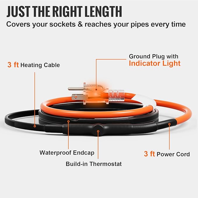 VEVOR Self-Regulating Pipe Heating Cable, 3FT 5W/FT Heat Tape for Pipes Freeze Protection, Water Pipe Heat Cable with Built-in Thermostat Protects PVC Hose, Metal and Plastic Pipe from Freezing