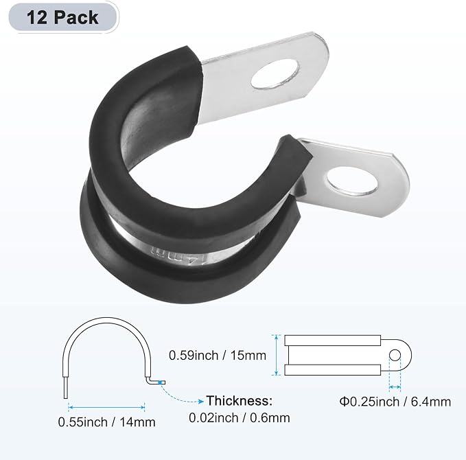 12-Pack Cable Clamps, 9/16 inch/ 14 mm 304 Stainless Steel Rubber Cushioned Insulated Cable Clamp R Shape Metal Holder for Tube/Wire/Pipe/Loop Installation
