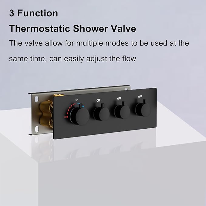 Matte Black Thermostatic Shower Valve, Concealed Mount, Pressure Balancing Brass Shower Mixing Valve, Can Water Flow Control
