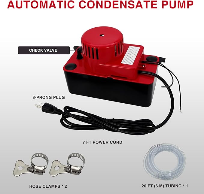Professional Condensate Pump 115V/120V, 79GPH Flow & 15ft Lift, Auto Safety Switch for HVAC/AC/Dehumidifier/Furnace, Quiet with 20ft Tubing & 2 x Hose Clamp