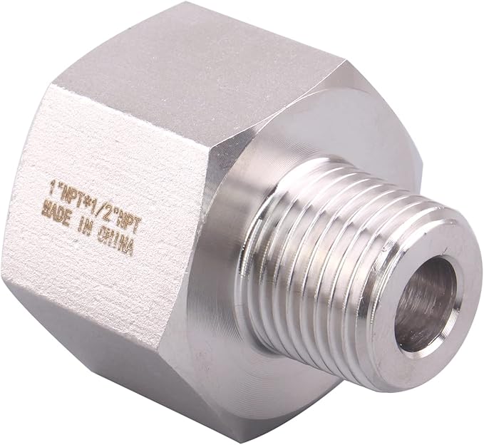 Forged Reducer Adapter Fitting - Stainless Steel 304 Reducing Pipe Connector, 1" NPT Female x 1/2" NPT Male (pack of 5)