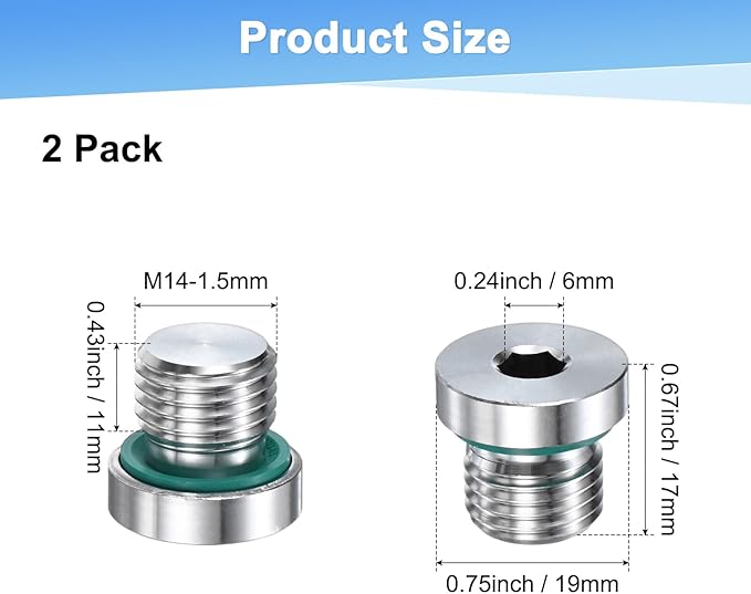 2-Pack Inner Hex Head Pipe Fitting Plug, M14x1.5mm 304 Stainless Steel Socket Bung Plug with Fluorine Sealing Ring for Terminate Pipe Ends/Replacement Drains
