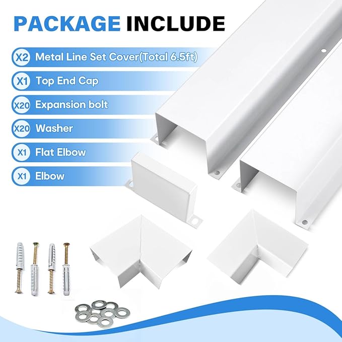 LyPrem 4" W x 6.5Ft L Metal Line Set Cover Kit - Decorative AC Pipe Cover for Ductless Mini Split/Central Air Conditioner/Heat Pump Systems, White