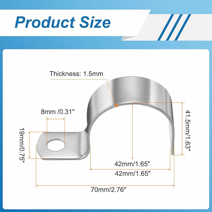 HARFINGTON 1-5/8 Inch Pipe Strap, 304 Stainless Steel Conduit Clip 10Pcs Single Hole Strap Clamp for Pipe Tube Cable Fixing (42mm, Silver)