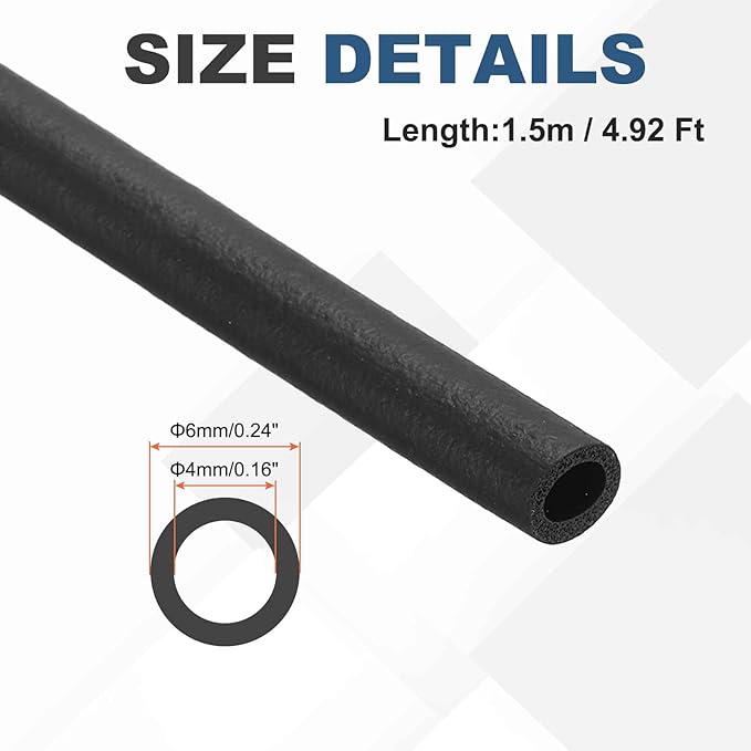 1/6" ID Pipe Insulation Foam Tube, EPDM Pipe Cover 1/4" OD Wrap Roll Bar Tubing 4.9FT Long - Insulation Freeze Heat Preservation for Guitar Stand/AC Units/Exercise Machine