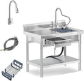 Stainless Steel Utility Sink Freestanding Single Bowl Laundry Sink with 360° Swivel Pull-Out Sprayer Faucet, Hot and Cold Water Plumbing Workbench Drawers for Laundry Room Farmhouse