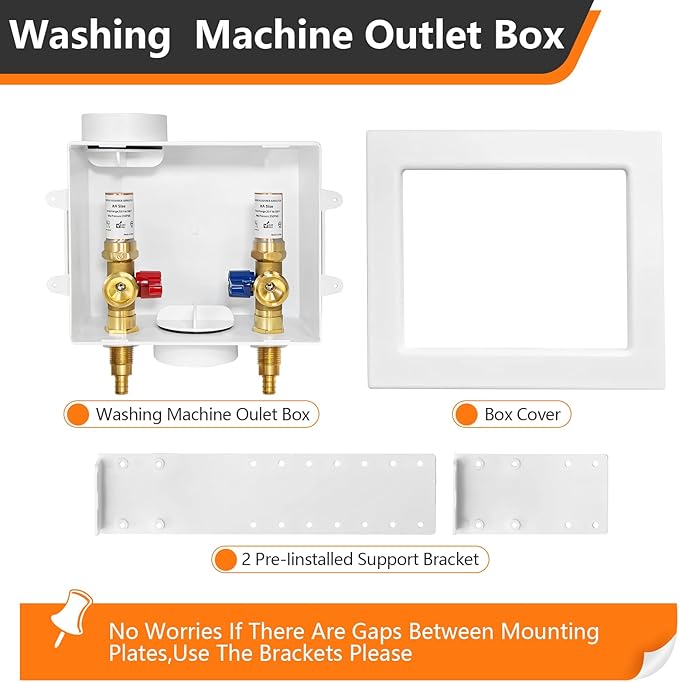 HeSun Washing Machine Outlet Box, 1/2 Inch Crimp Pex Inlet x 3/4 Inch MHT Outlet, Pex Washer Laundry Box with Center Drain,with Copper Water Hammer Arrestor