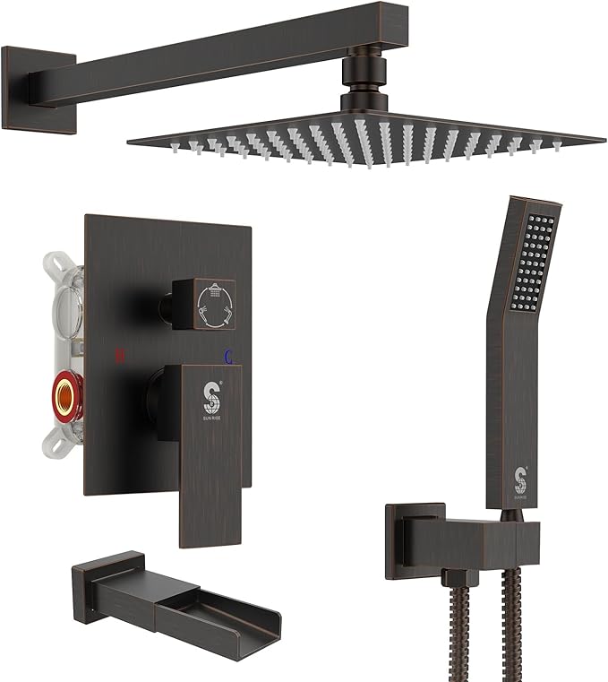 SR SUN RISE 12 Inches All Metal Bathtub Faucet Set Shower System with Tub Spout Square Rain Shower Head and Handheld Combo Shower Fixtues, Modern Valve and Trim Kit, Oil-Rubbed Bronze