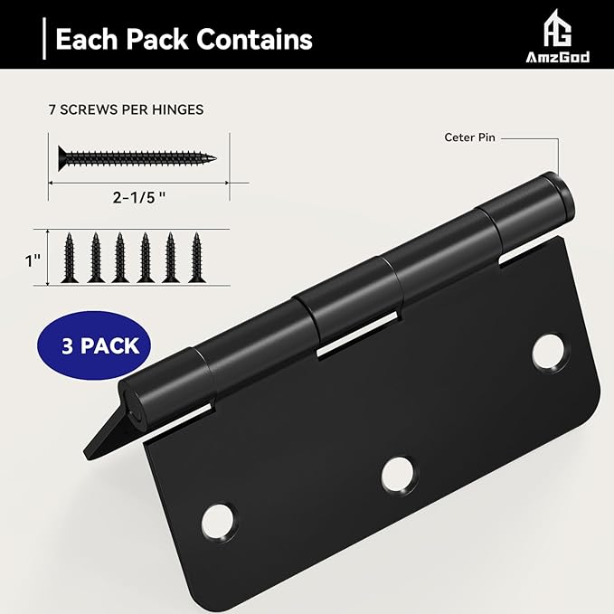 Door Hinges Matte Black - 3 Pack Black Door Hinges 3.5 Inch Rounded Interior Door Hinge with 1/4" Radius Corners - Black Hinges for Doors 3 1/2 Inches Flat Iron Residential Door Hardware