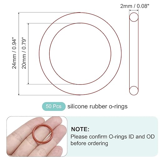 MECCANIXITY Silicone O-Ring 20mm ID 24mm OD 2mm Width Metric VMQ Sealing Gasket Replacement 50A Durometer for Plumbing Compressor Faucets Valves Repair (Red, Pack of 50)