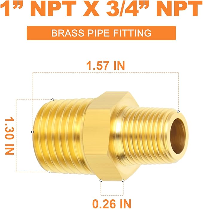 GASHER Brass Reducing Hex Nipples,1 Inch NPT Male x 3/4 Inch NPT Male Brass Pipe Adapter Fittings Reducing Nipples Connector（5Pcs）