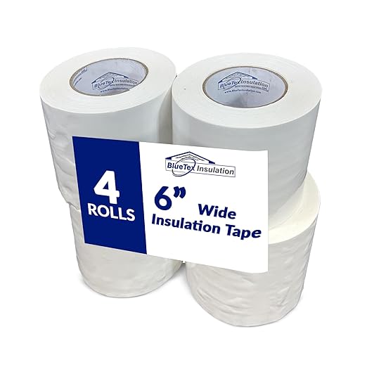 BlueTex Insulationㅤ 6" Wide x 180' Long White Vapor Barrier Seam Tape - 4 Roll Bulk Pack, Waterproofing & Great for Crawlspaces, Insulation Repair, Underlayment Seams, Metal Building Insulation Seams