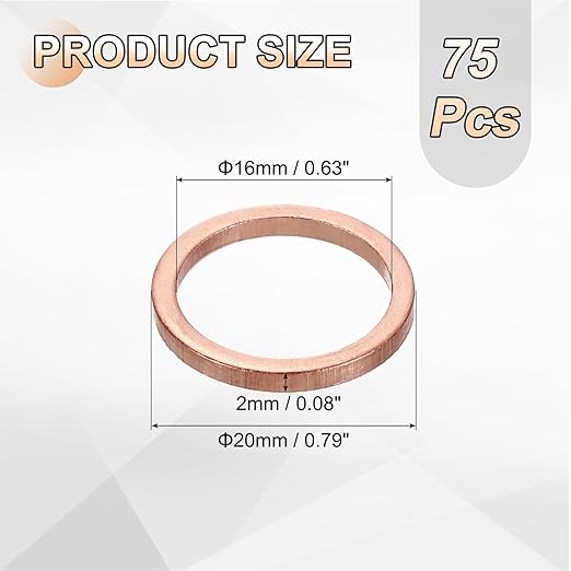 uxcell 75Pcs M16 Flat Washer Copper Washer Sealing Rings, 16mm ID 20mm OD 2mm Thickness Copper Crush Washers Metric Sealing Gasket for Plumbing Machinery Automotive