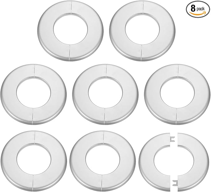 HARFINGTON 8pcs Wall Split Flange 64mm/2.5" Self-Adhesive Plumbing Cover Plates ABS Plastic Round Escutcheon Plate Buckle Design for Water Pipe Bathroom Kitchen Decoration, Silver Tone