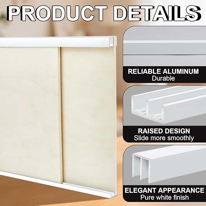 Landical 2 Set 3ft Aluminum Sliding Door Track Set for 1/4" Thick Panels Closet Glass Doors Cabinet Window Aluminum Alloy Metal Sliding Track(White)