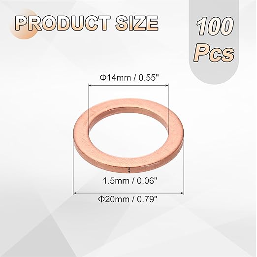 uxcell 100Pcs M14 Flat Washer Copper Washer Sealing Rings, 14mm ID 20mm OD 1.5mm Thickness Copper Crush Washers Metric Sealing Gasket for Plumbing Machinery Automotive