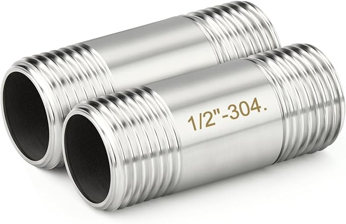 TAISHER 2PCS Stainless Steel Pipe Fittings, 1/2" BSP Male x 1/2" BSP Male Threaded, 2" Length Nipple Cast Pipe
