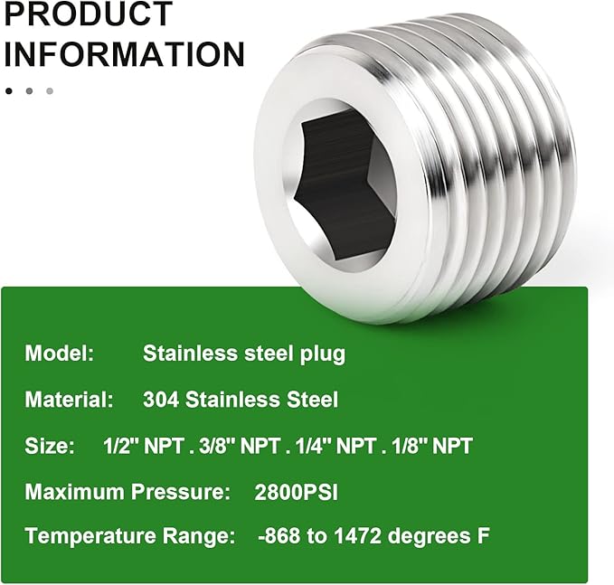 TAISHER 20PCS Stainless Steel Internal Hex Thread Socket Pipe Plug Fitting 1/8" 1/4" 3/8" 1/2" NPT Male