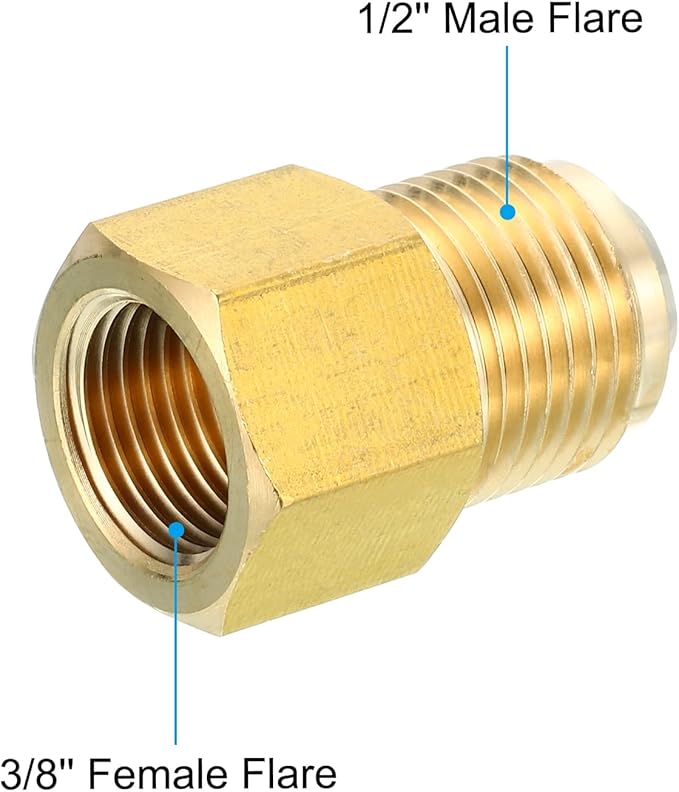 PATIKIL 3/8 Inch Female Flare x 1/2 Inch Male Flare Connectors, SAE 45 Degree Flare Brass Adapter Flare Pipe Fitting for Air Gas Line Refrigeration HVAC