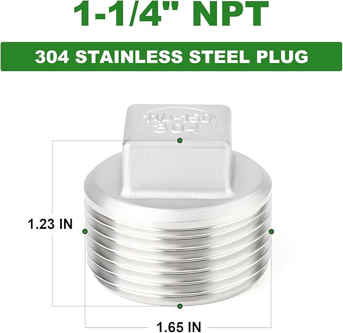TAISHER 2PCS 304 Stainless Steel Outer Square Thread Socket Pipe Plug Fitting 1-1/4" NPT Male