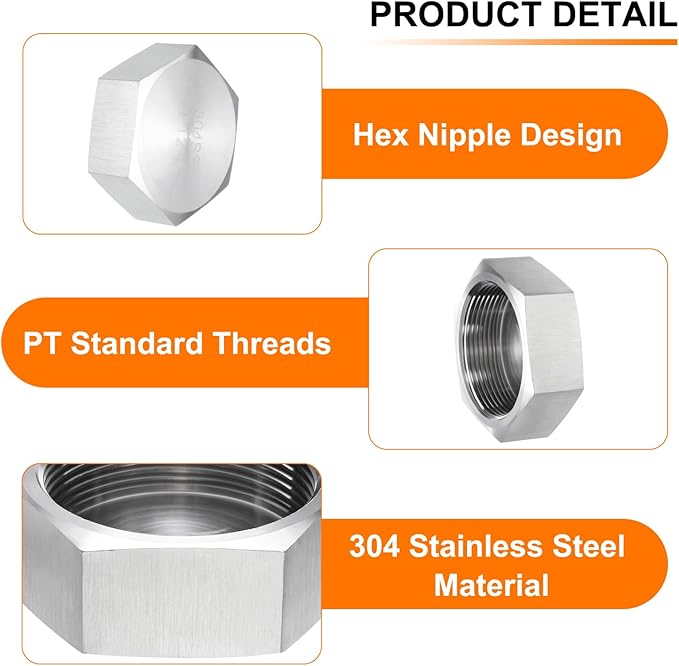 uxcell 1pcs Hex End Cap 304 Stainless Steel Nut with Washer, PT 2" Female Thread Pipe Fitting, Gas Line Water Line Stop Valve Cap Tubing Ends for Plumbing Fittings, Silver Tone