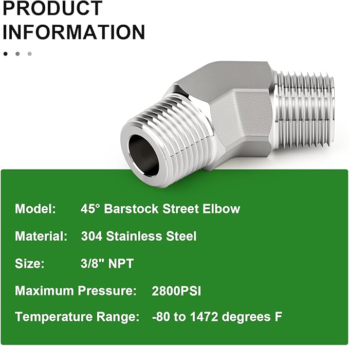 TAISHER 2PCS 304 Stainless Steel 45 Degree Barstock Street Elbow, 3/8" NPT Male x 3/8" NPT Male 304 Stainless Pipe Fitting