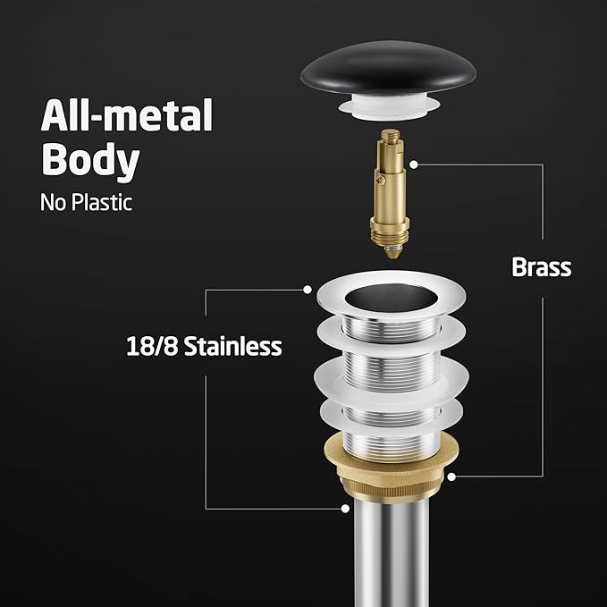 KES Bathroom Sink Drain Without Overflow, Solid Ceramic Cap Pop Up Drain for Bathroom Sink, Ceramic Bathroom Sink Stopper, All-Metal Body Matte Black, S2008D-CB