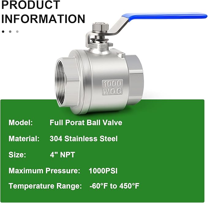 TAISHER 1PCS 4" FNPT Heavy Duty Full Porat Ball Valve 304 Stainless Steel with Blue Handles