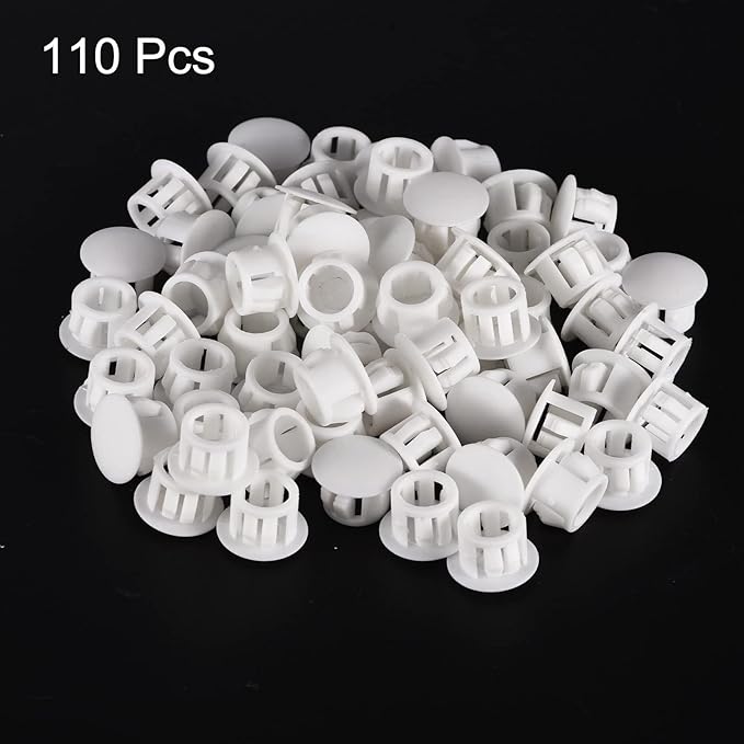 uxcell 15/32" Plastic Hole Plugs, 110Pcs Flush Type Panel Round Snap in Fastener Knockout Locking Plugs for Furniture Insert End Caps Panels, White
