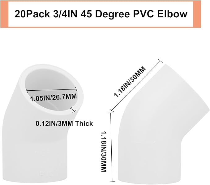 20Pack 3/4" 45 Degree PVC Elbow Pipe Fitting Connector (Socket x Socket) Furniture Build Grade SCH40 3/4 Inch 45 Degree Elbow PVC Corner Adapter for Home Sewer Plumbing Water Line