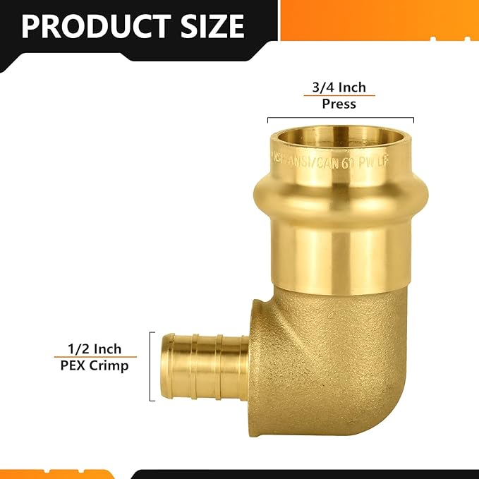 20-Pack HeSun Copper Press Fitting Elbow, 3/4" PRESS X 1/2" PEX F1807 Crimp Elbow, LF Brass