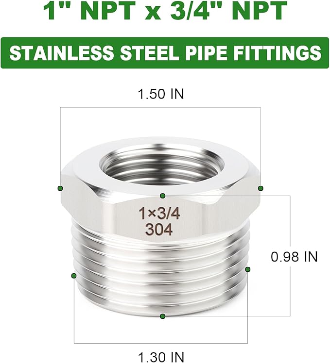TAISHER 5PCS 304 Stainless Steel New Reducer Hex Bushing, 1" NPT Male x 3/4" NPT Female, Reducing Pipe Adapter Fitting