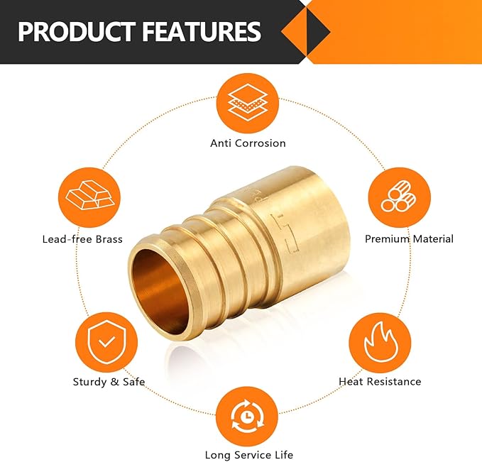 10-Pack HeSun PEX Fittings, 1" PEX x 3/4" Female Sweat Adapter (Over Copper Tube), Brass Crimp Fitting for ASTM F1807(PEX1807290-10)