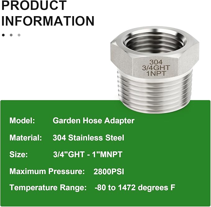 TAISHER 2PCS 304 Stainless Steel Garden Hose Adapter, Hex Bushing 3/4" GHT Female x 1" NPT Male Garden Hose Connector