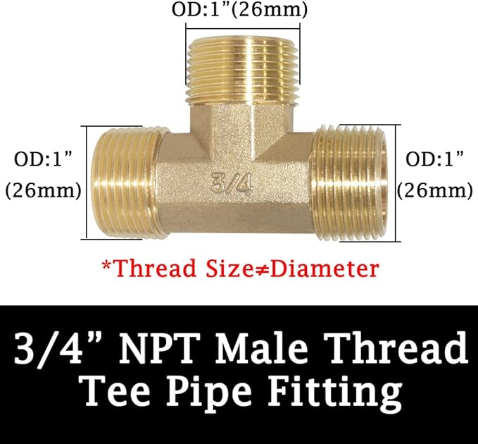 Joywayus Brass Pipe Fitting Barstock Street Tee T 3 Way NPT 3/4" Male x 3/4" Male x 3/4" Male Adapter