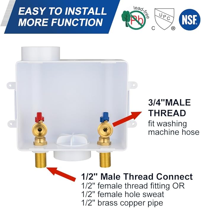 EFIELD Universal Washing Machine (Laundry) Outlet Box with Center Drain 1/2-inch Sweat (MIP) Inlet x 3/4 inch MHT Outlet Connection,(WM047)