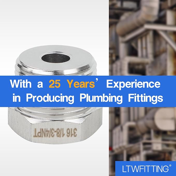 LTWFITTING Bar Production Stainless Steel 316 Pipe Hex Bushing Reducer Fittings 3/4" Male x 1/8" Female NPT Fuel Water Boat (Pack of 100)