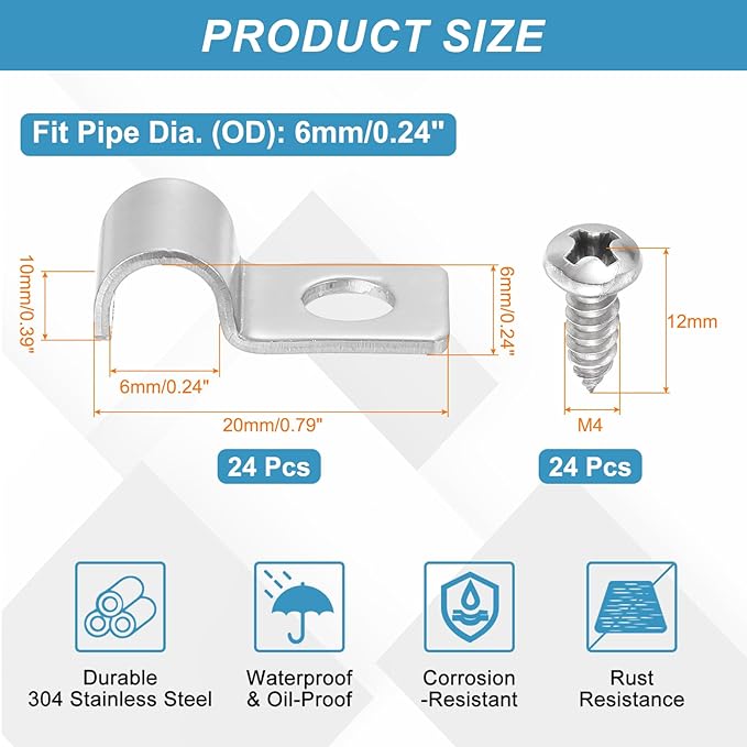 uxcell 24Pcs 6mm(1/4") One Hole Rigid Pipe Strap, 304 Stainless Steel Conduit Clamp Thicken U Bracket Heavy Duty Pipe Clamp with Self-Tapping Screws for Fixing Tube Cable, Silver