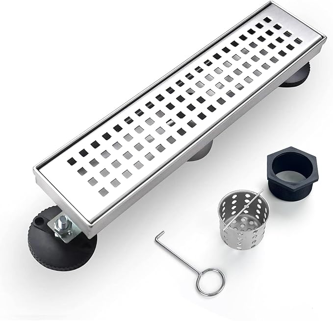 Linear Shower Drain, 12 inch Drain with Removable Grate Cover, Brushed 304 Stainless Steel Shower Floor Drain, Linear Drain with Hair Strainer and Adjustable Feet