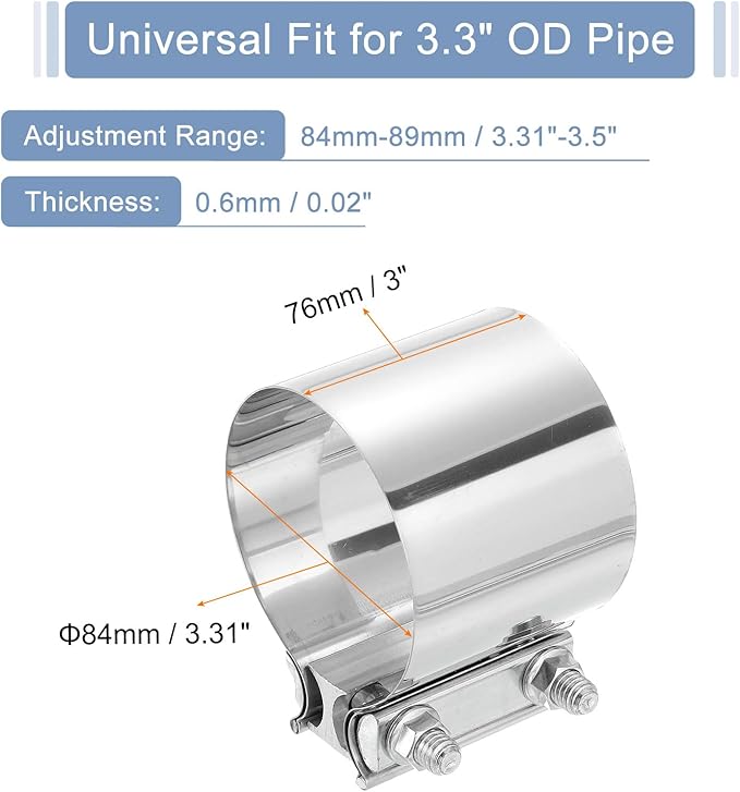 uxcell 3.3 Inch Exhaust Clamp, 304 Stainless Steel Butt Joint Band Clamp Sleeve Coupler Pipe Repair Clamp Universal Widening Clamp for Exhaust Pipes Mufflers, Silver