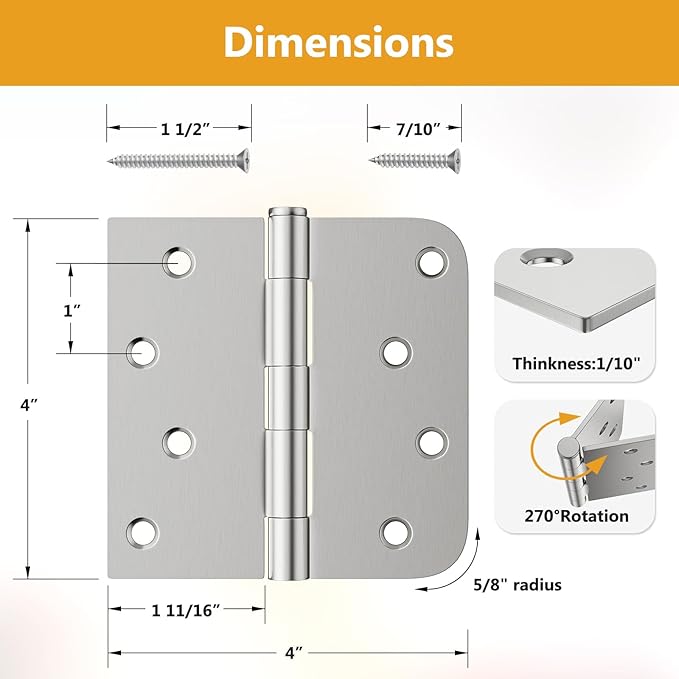 6 Pack Brushed Nickel Door Hinges 4 Inch, Exterior Door Hinges with Square & 5/8" Radius, Removable Pin, Perfect for Heavy-Duty Front & Back Door, Antirust & No Squeaks