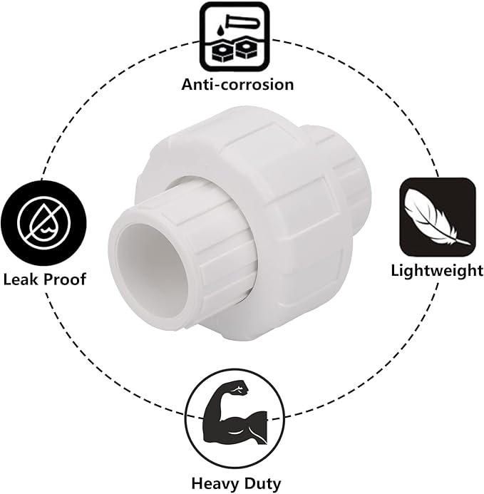 6Pcs 1/2" PVC Union Coupling Pipe Fitting (Socket x Socket) 1/2Inch PVC Slip Union PVC Adapter Coupling Schedule 40, EPDM O-Ring, White