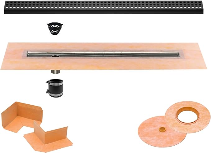 All-in-one Waterproof Linear Shower Drain Kit with 44 Inch Off-set Outlet Channel Body (KL1VO60E110) and Drain Grate Assembly (Cover) in Square Design with Matte Black Finish (KL1B19MGS110)