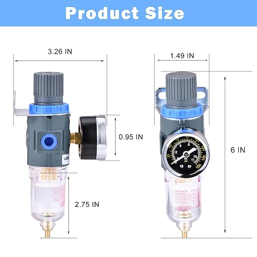 1/4"NPT Air Filter Pressure Regulator, Water-Trap Air Tool Compressor Filter with Gauge by ZHONG AN