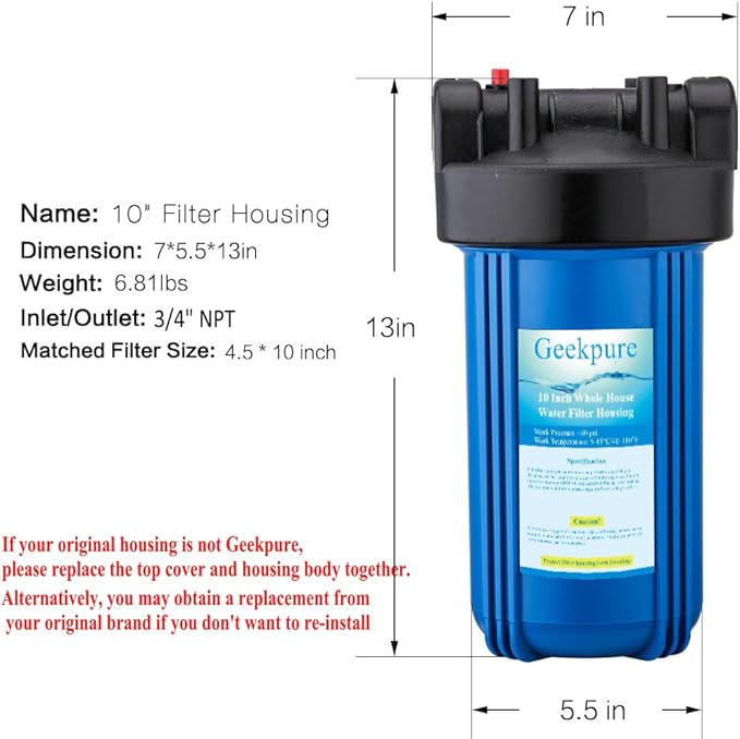 Geekpure 10-Inch Whole House Water Filter Housing with Wrench and Bracket-4.5 x 10 Inch-3/4-Inch Port-Pack of 4